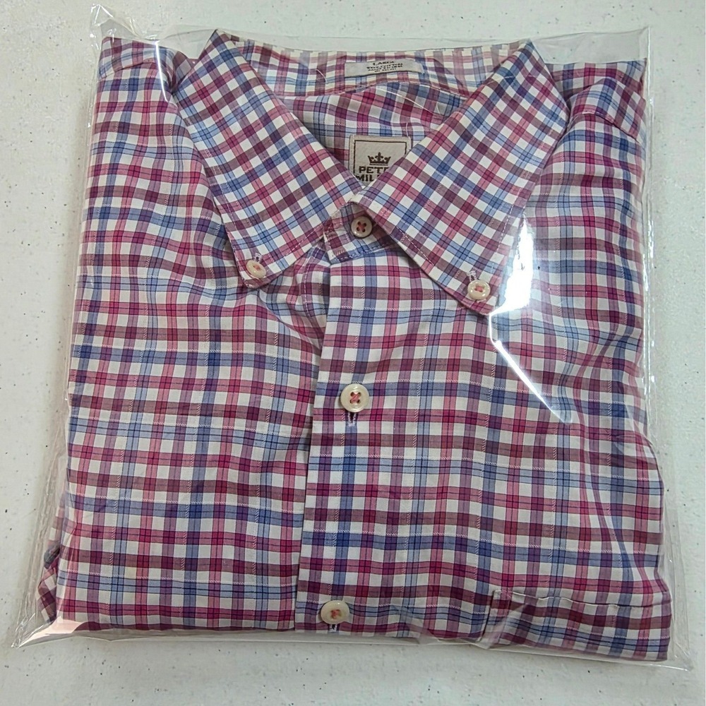 Peter Millar Mens Large Plaid Button Down Shirt Purple Blue White Cotton L Long - Picture 10 of 10